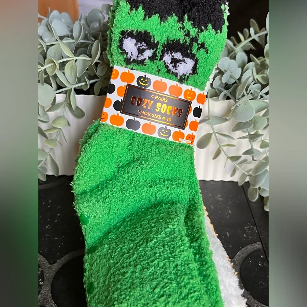 Cozy Socks Halloween Green Fuzzy Socks - 4 Pairs